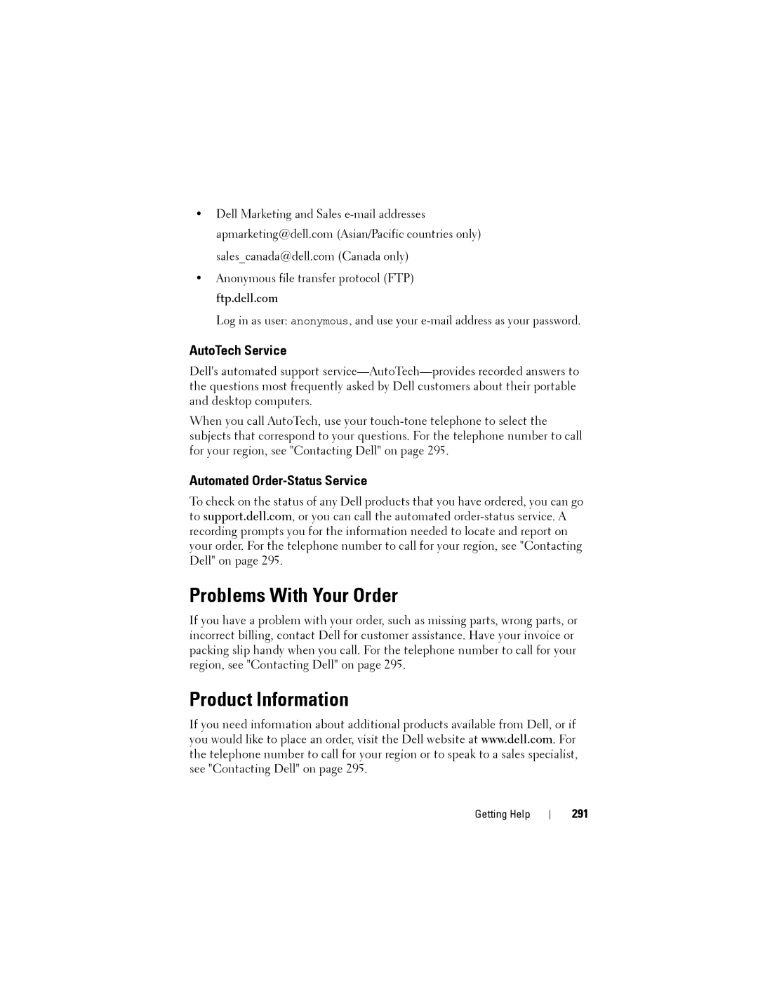 Dell NX046 manual Problems With Your Order, Product Information, AutoTech Service, Automated Order-Status Service, 291 