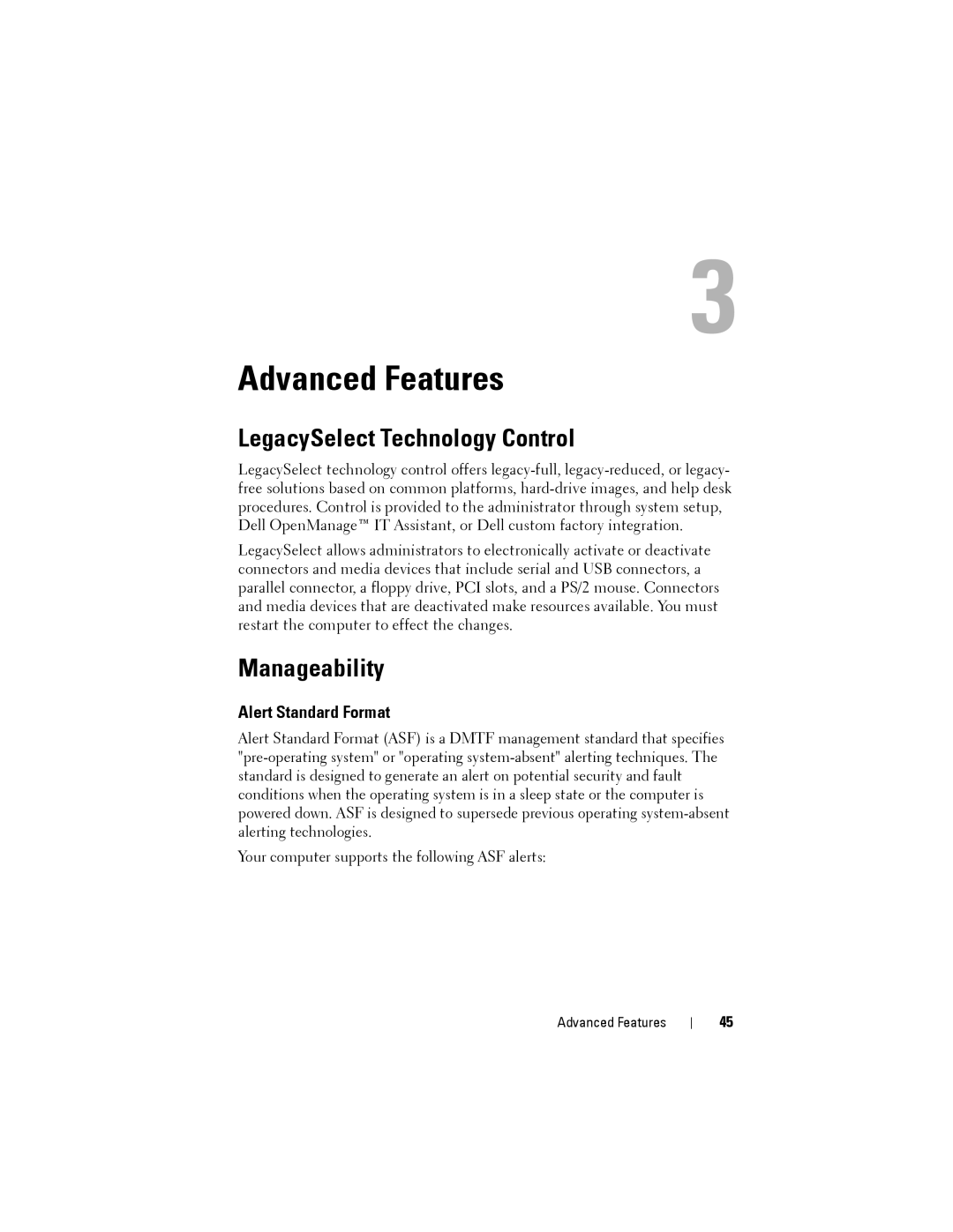 Dell NX046 manual LegacySelect Technology Control, Manageability, Alert Standard Format 