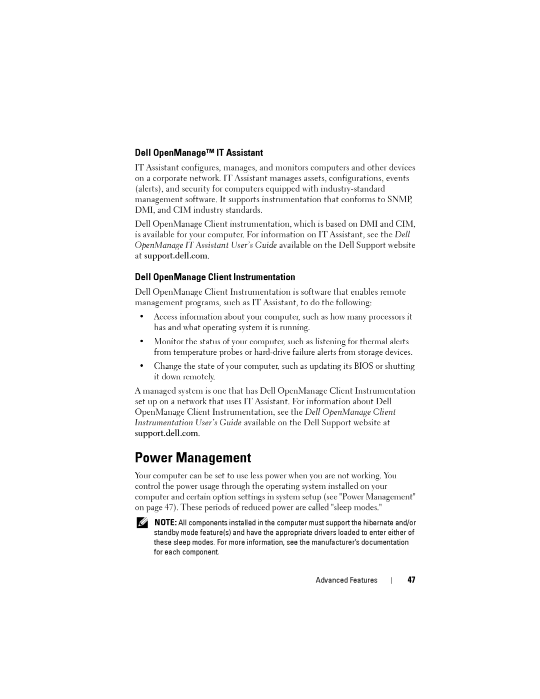 Dell NX046 manual Power Management, Dell OpenManage IT Assistant, Dell OpenManage Client Instrumentation 