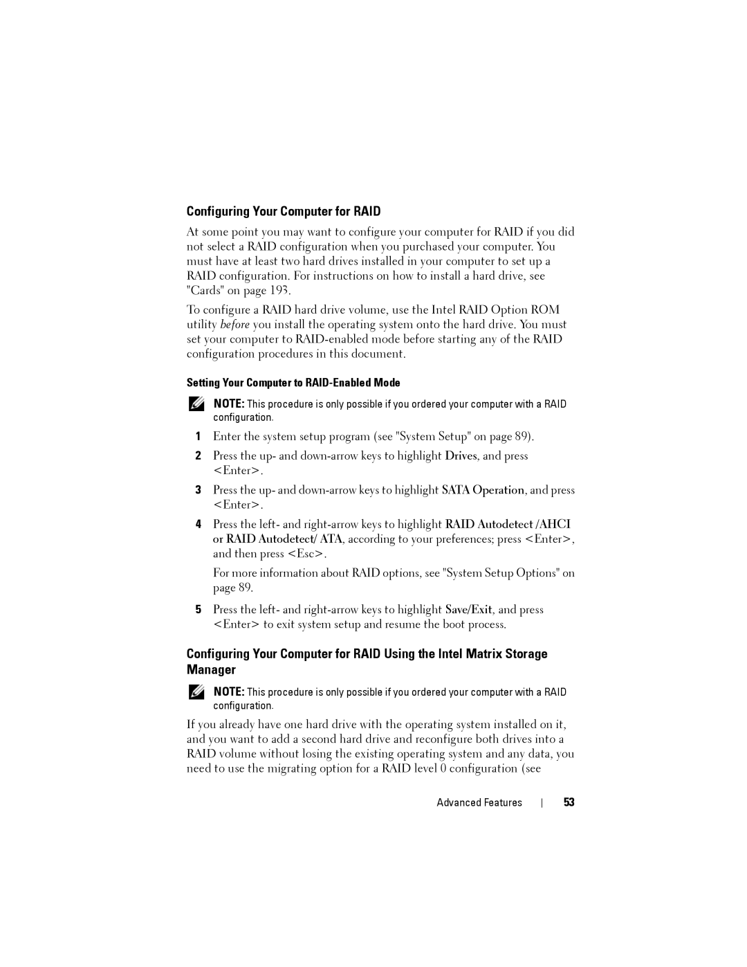 Dell NX046 manual Configuring Your Computer for RAID, Setting Your Computer to RAID-Enabled Mode 