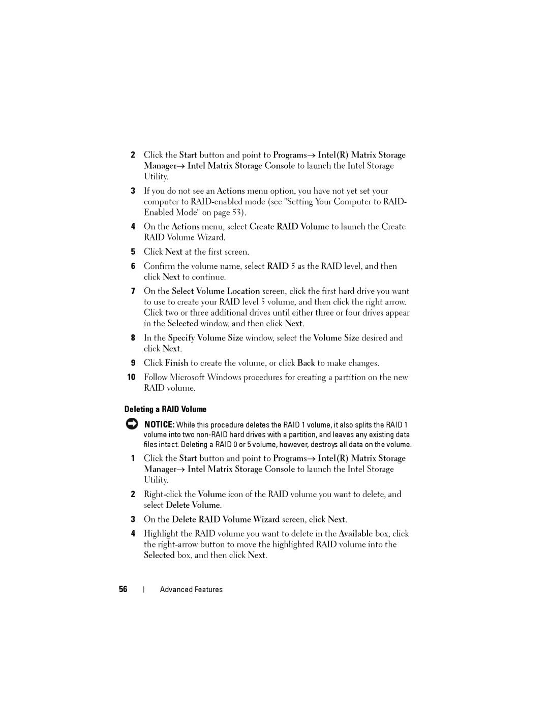 Dell NX046 manual Deleting a RAID Volume, On the Delete RAID Volume Wizard screen, click Next 