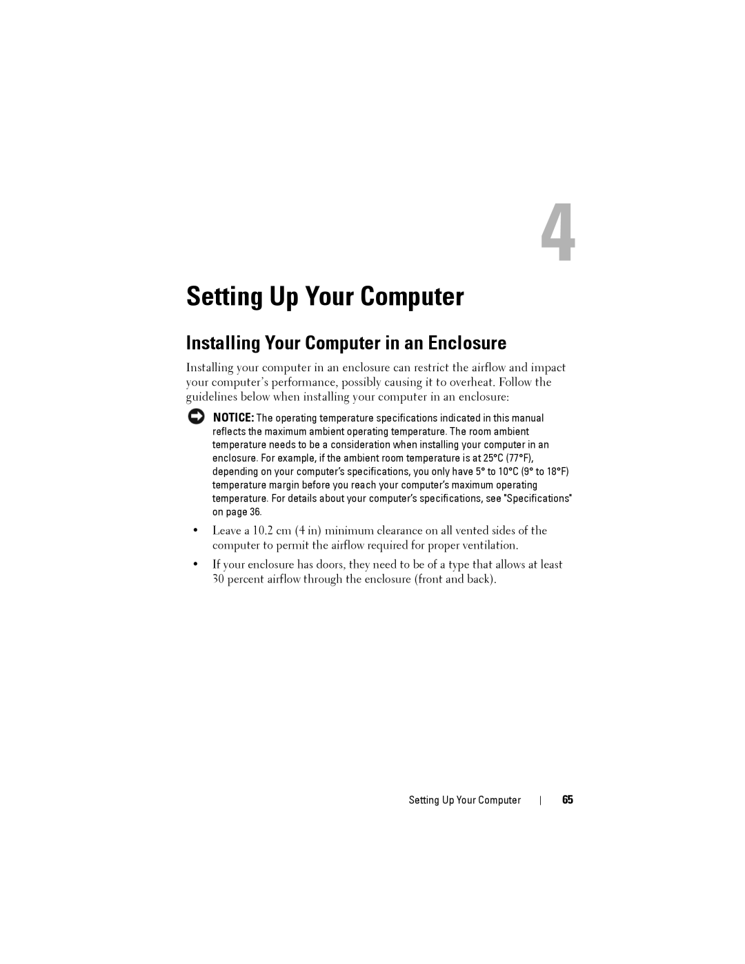 Dell NX046 manual Setting Up Your Computer, Installing Your Computer in an Enclosure 