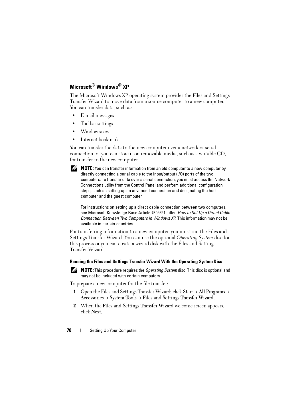 Dell NX046 manual Microsoft Windows XP, To prepare a new computer for the file transfer 