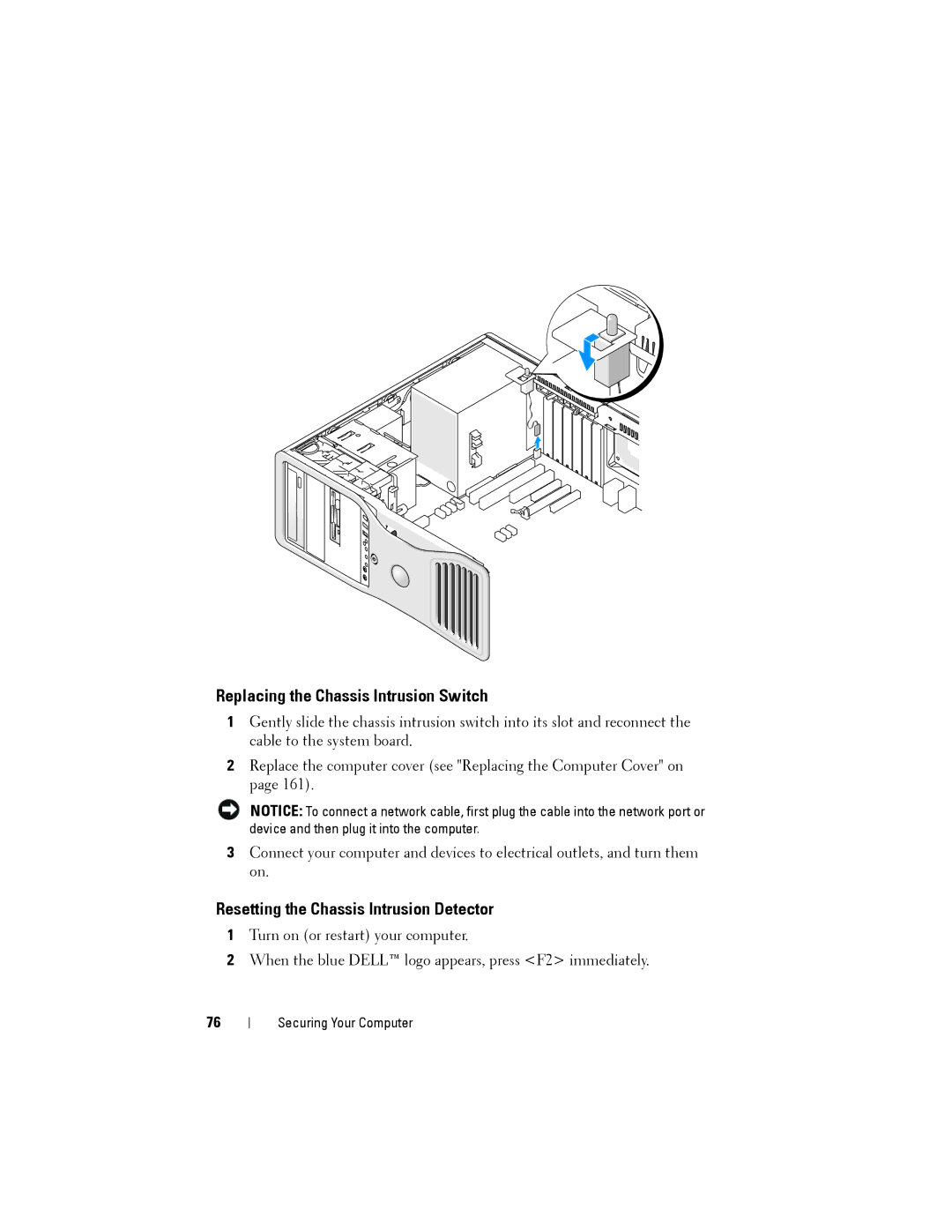 Dell NX046 manual Replacing the Chassis Intrusion Switch, Resetting the Chassis Intrusion Detector 