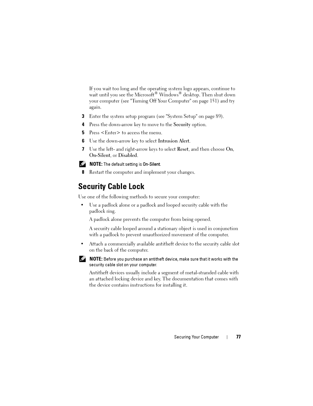 Dell NX046 manual Security Cable Lock 