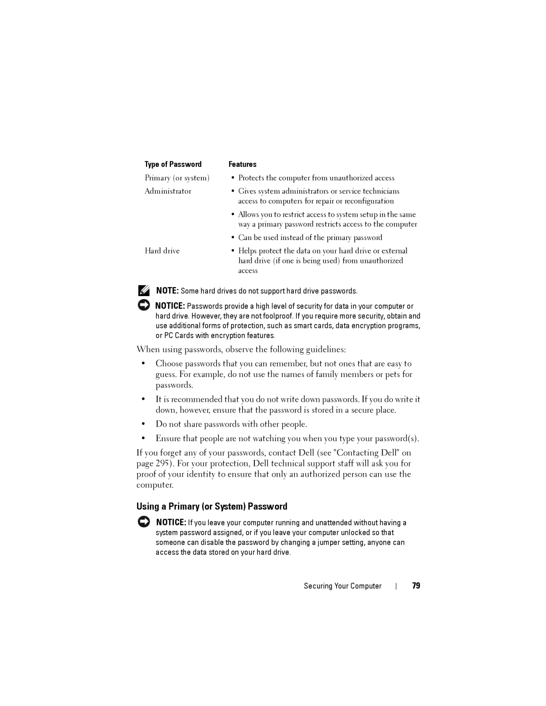 Dell NX046 manual Using a Primary or System Password, Type of Password Features 