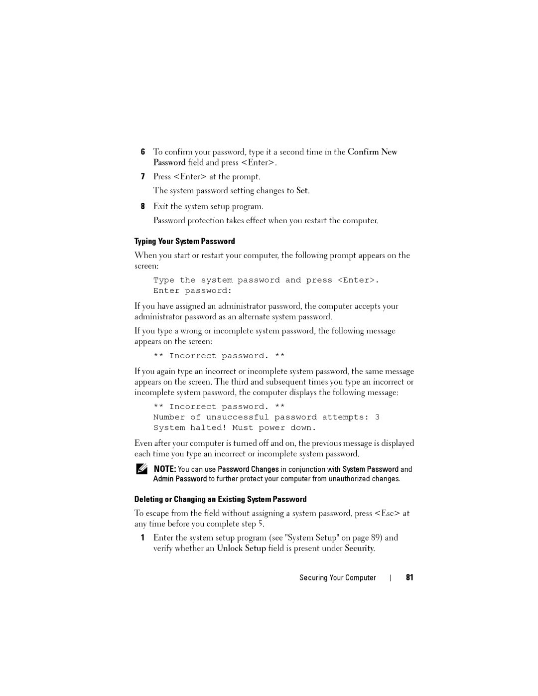 Dell NX046 manual Typing Your System Password, Deleting or Changing an Existing System Password 