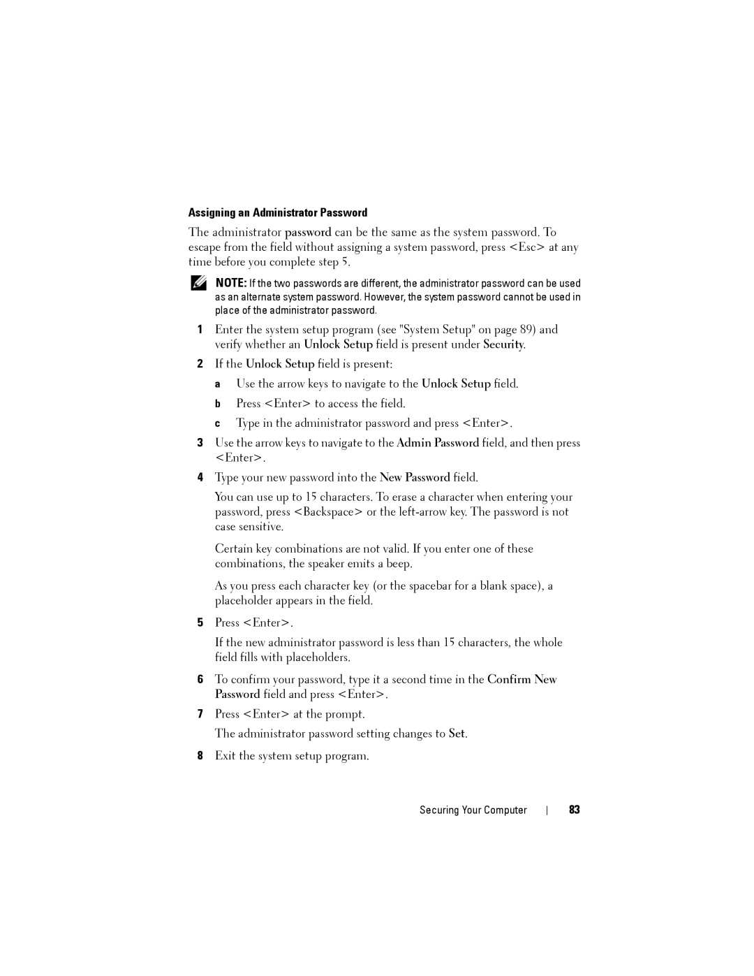 Dell NX046 manual Assigning an Administrator Password 