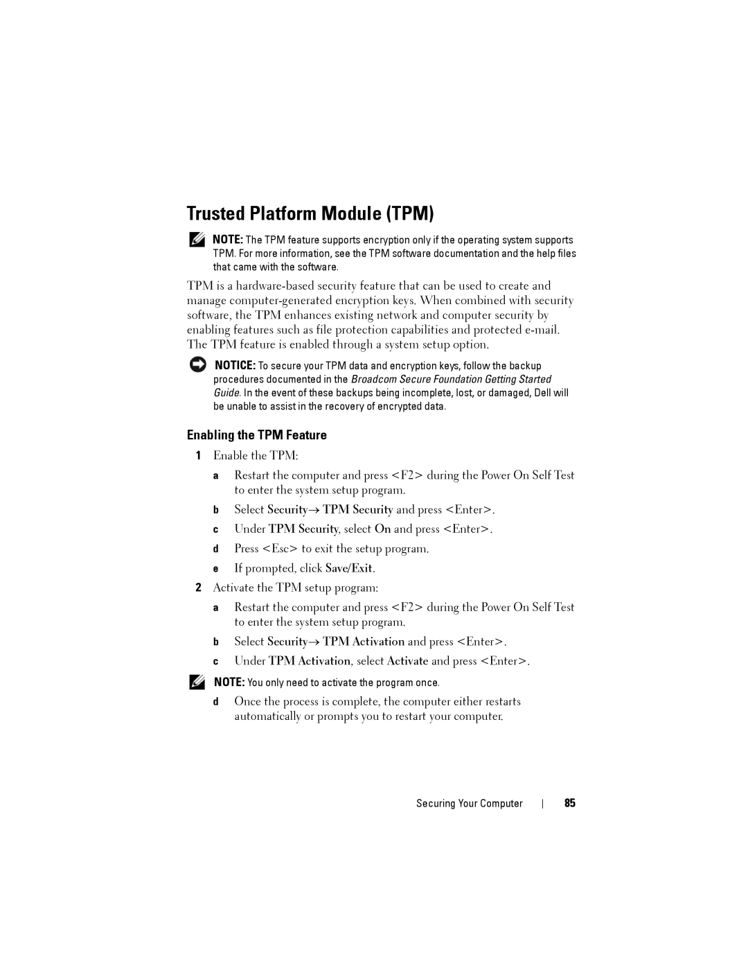 Dell NX046 manual Trusted Platform Module TPM, Enabling the TPM Feature 