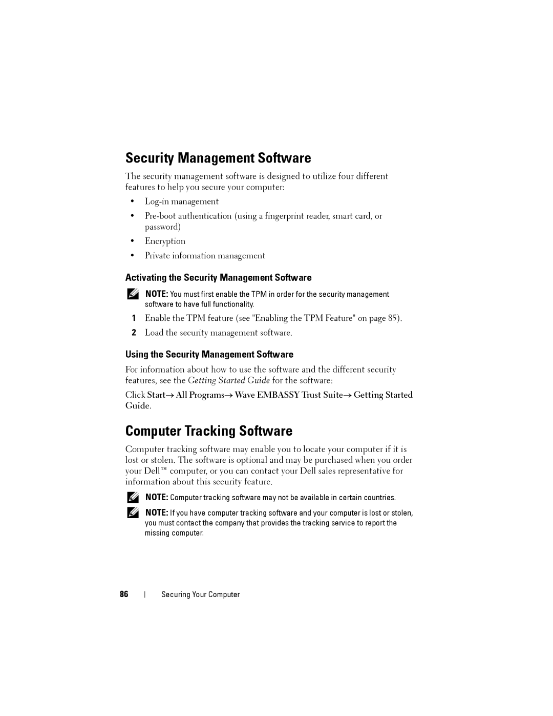 Dell NX046 manual Computer Tracking Software, Activating the Security Management Software 