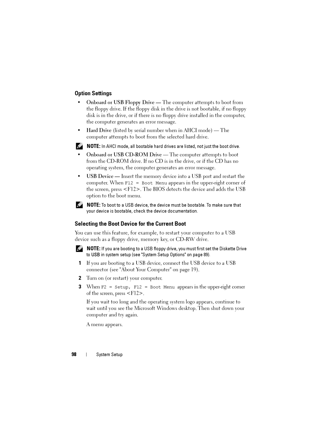 Dell NX046 manual Option Settings, Selecting the Boot Device for the Current Boot 