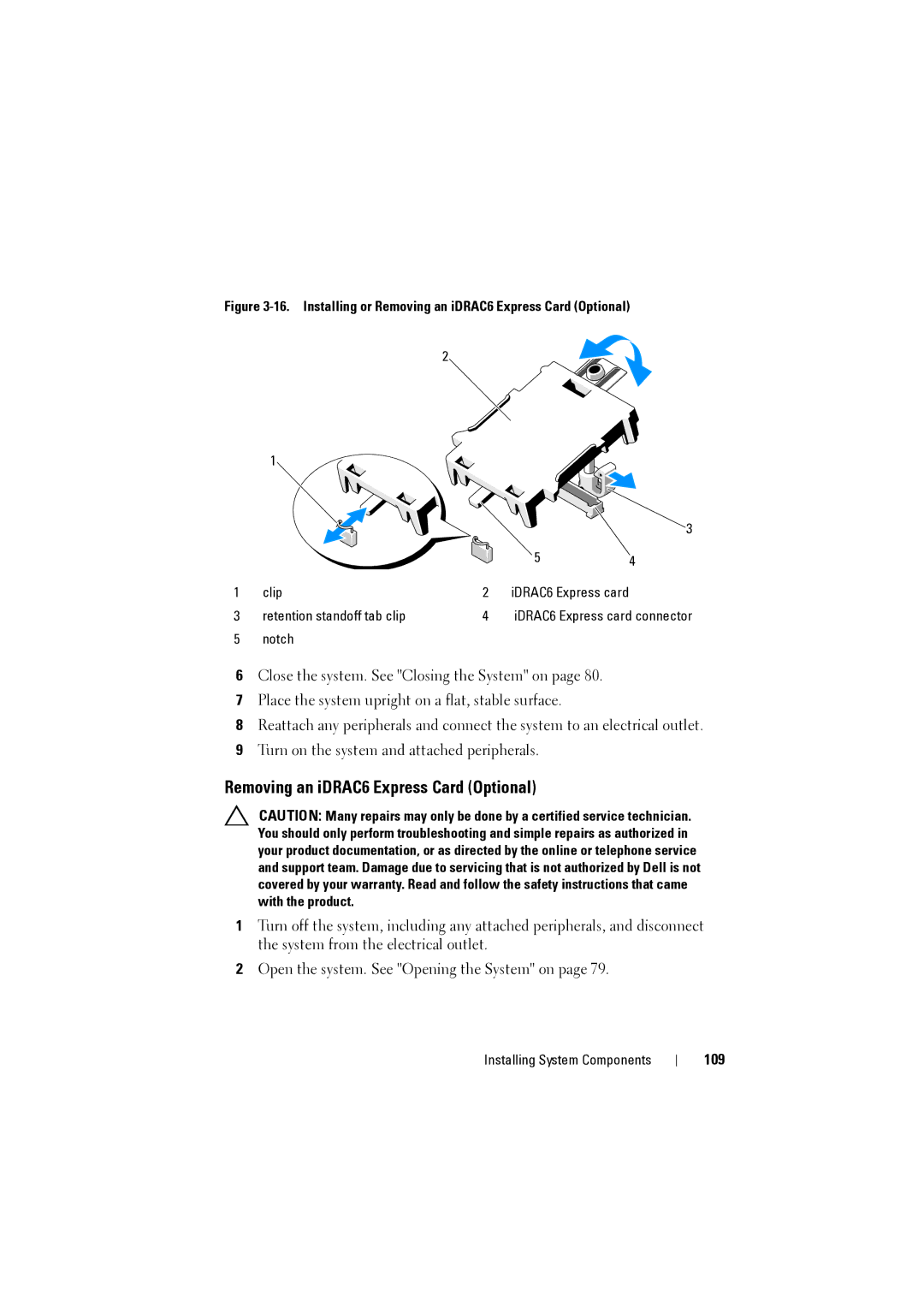 Dell NX200 owner manual Removing an iDRAC6 Express Card Optional, 109 