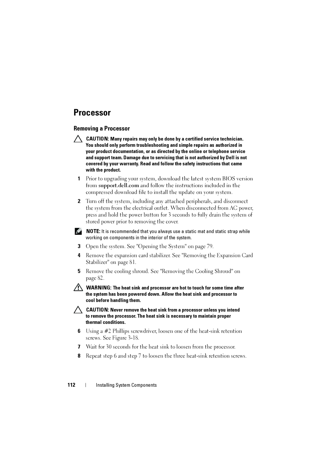 Dell NX200 owner manual Removing a Processor, 112 