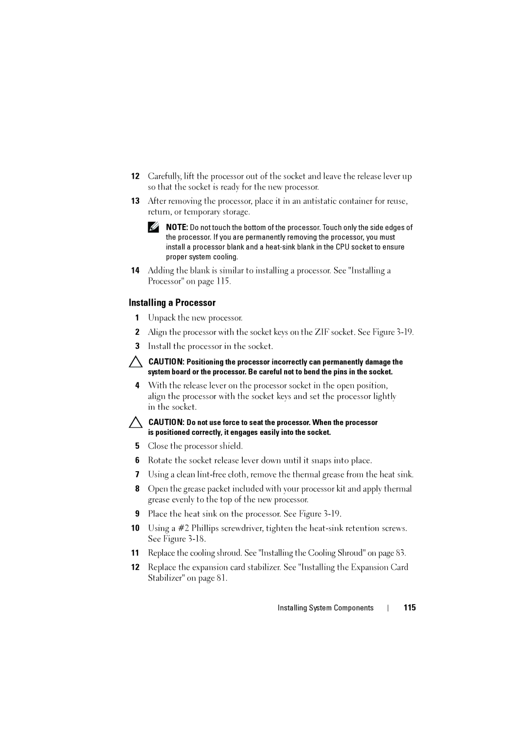 Dell NX200 owner manual Installing a Processor, 115 