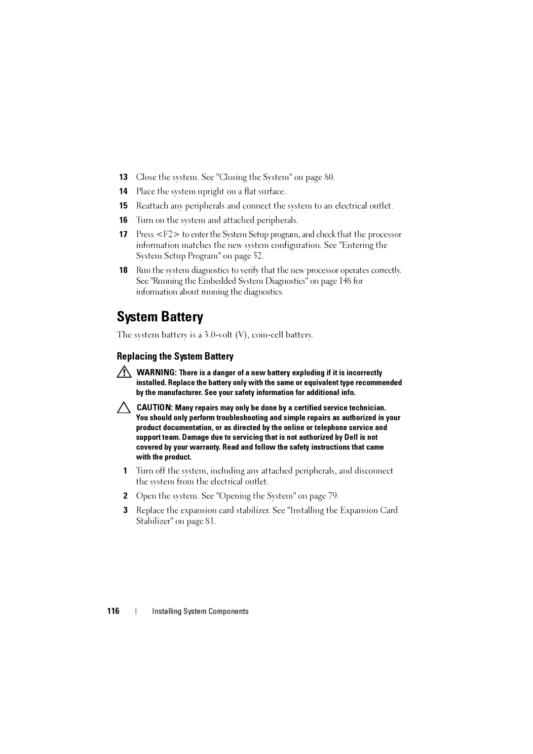 Dell NX200 owner manual Replacing the System Battery, 116 