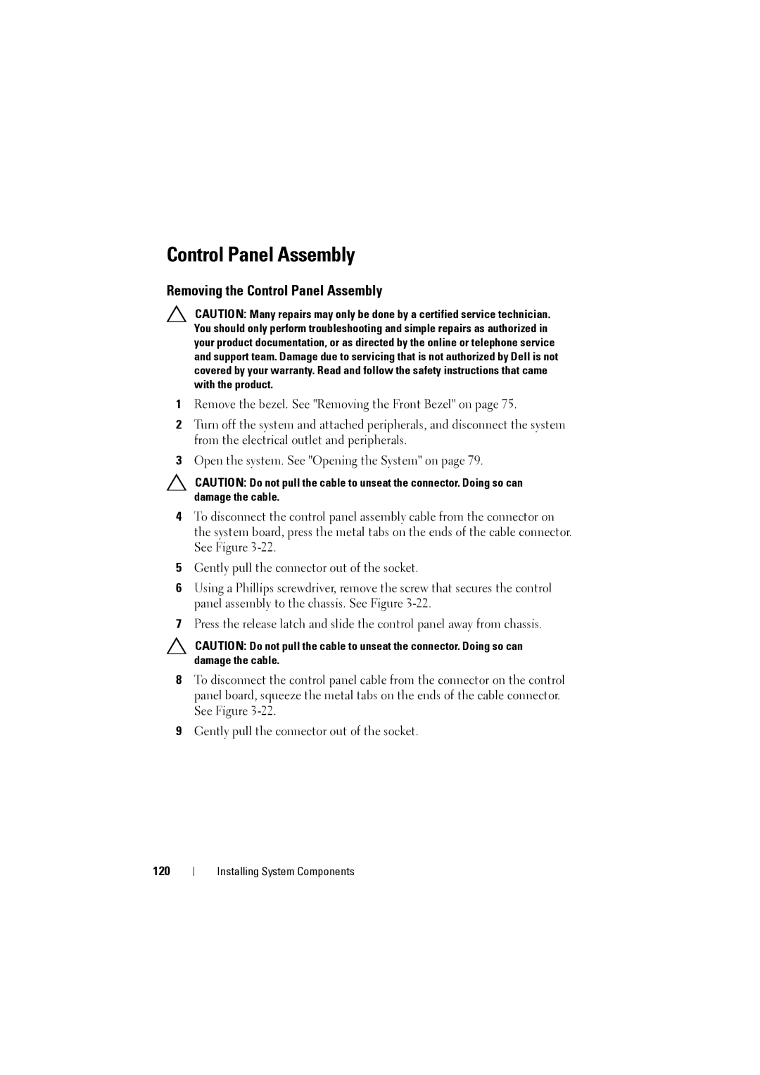 Dell NX200 owner manual Removing the Control Panel Assembly, 120 