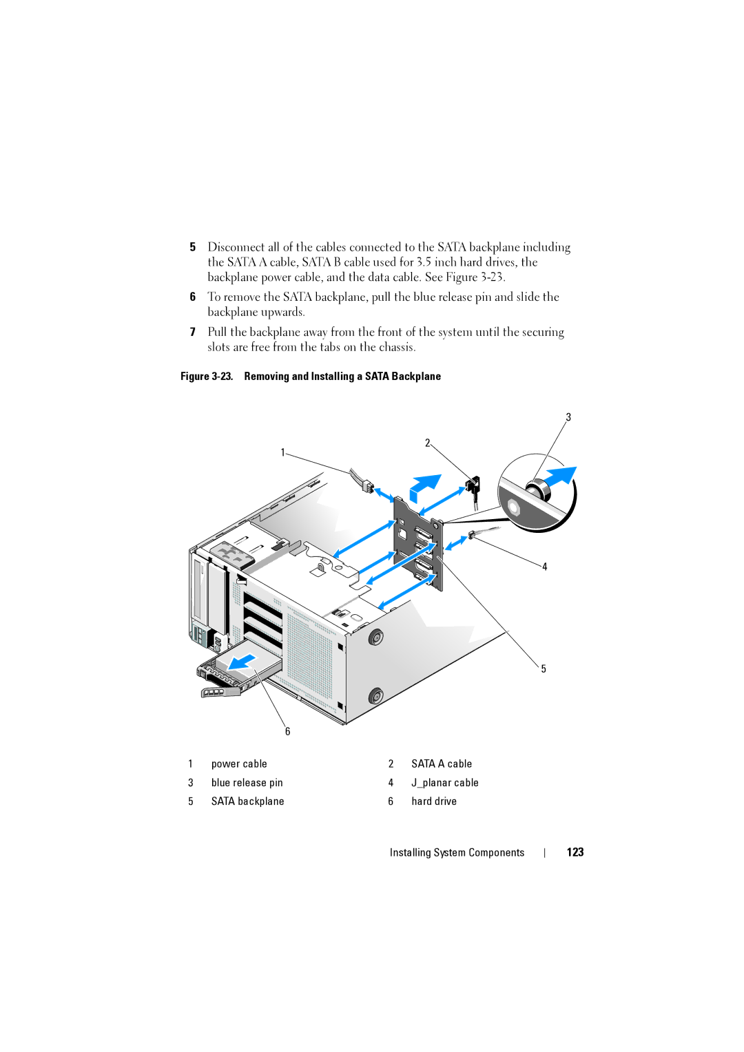 Dell NX200 owner manual 123, Removing and Installing a Sata Backplane 