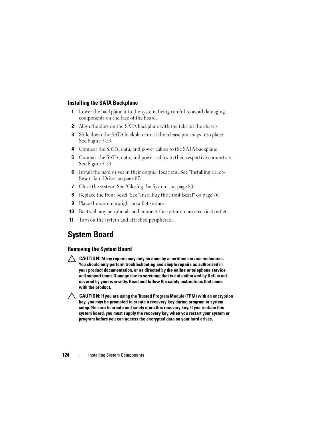 Dell NX200 owner manual Installing the Sata Backplane, Removing the System Board, 124 