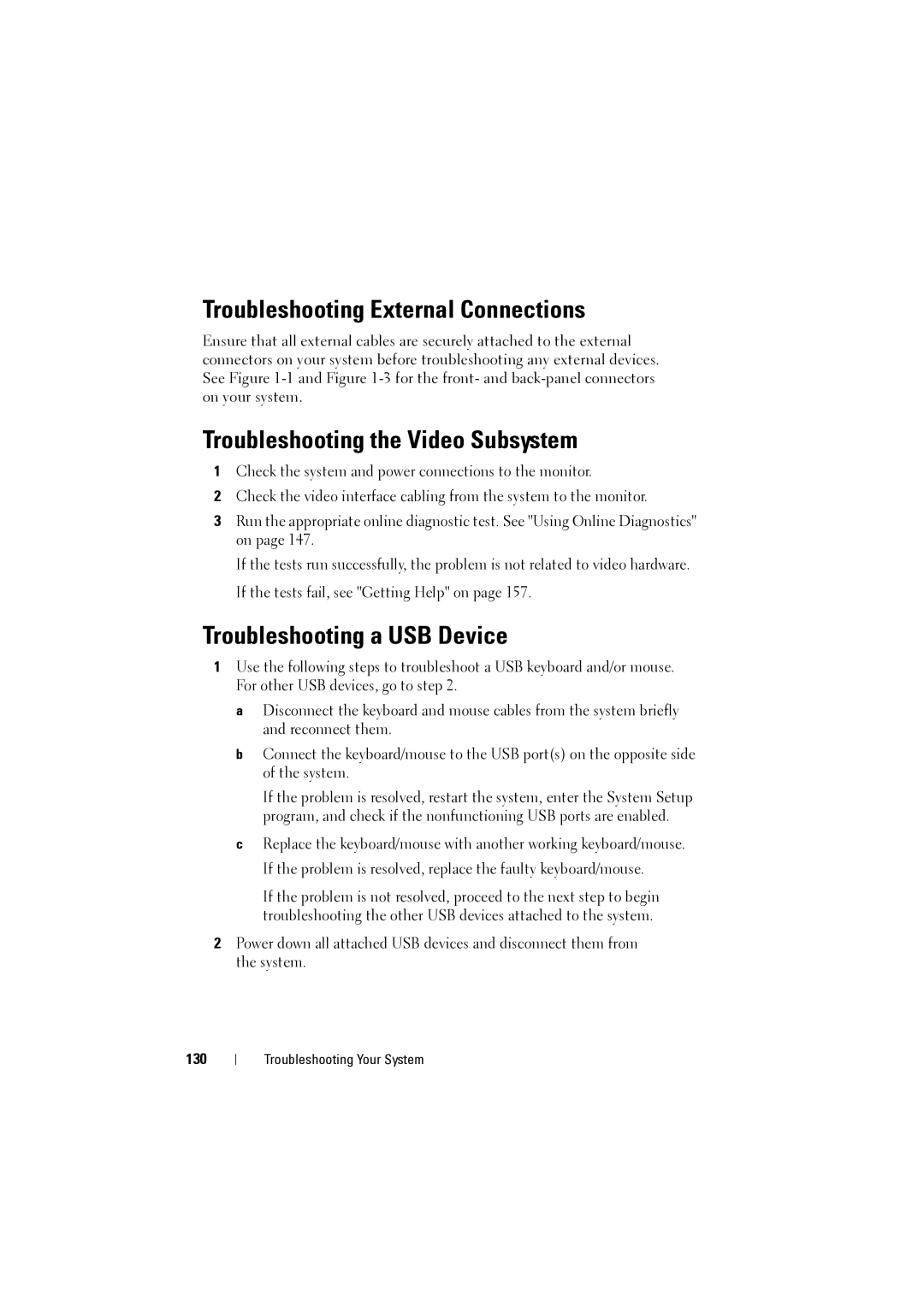 Dell NX200 Troubleshooting External Connections, Troubleshooting the Video Subsystem, Troubleshooting a USB Device, 130 