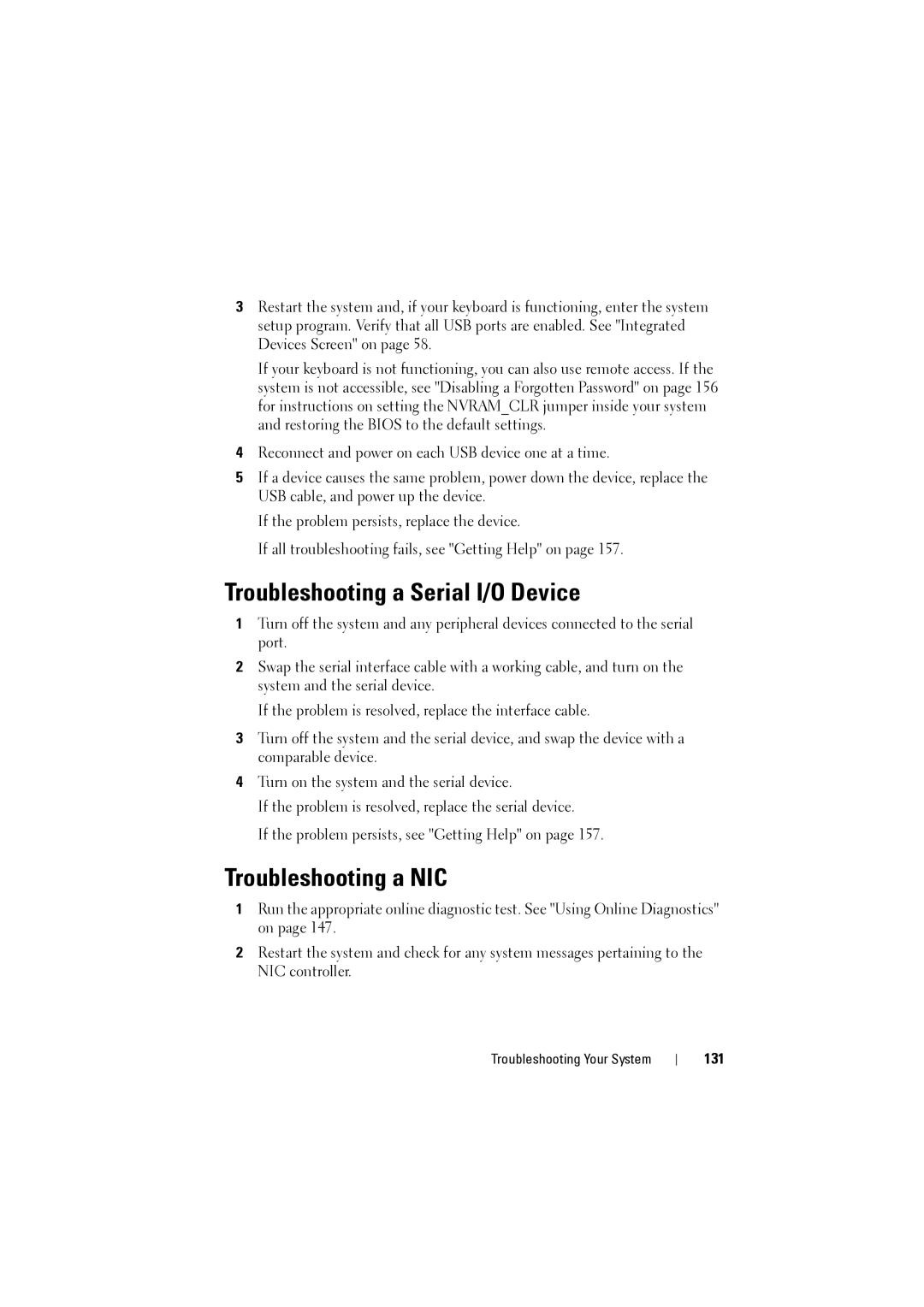 Dell NX200 owner manual Troubleshooting a Serial I/O Device, Troubleshooting a NIC, 131 