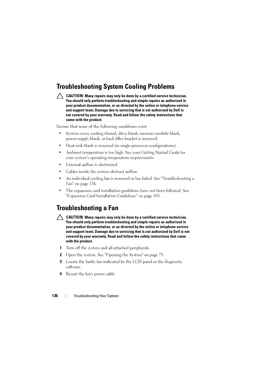 Dell NX200 owner manual Troubleshooting System Cooling Problems, Troubleshooting a Fan, 136 