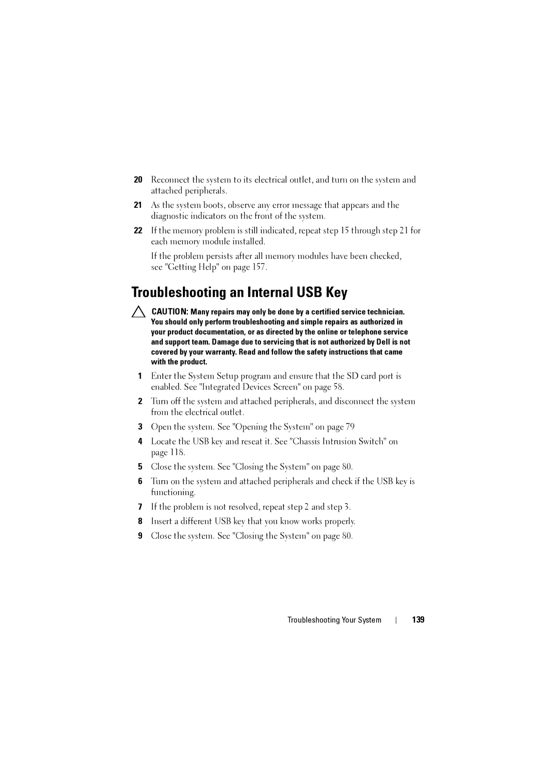 Dell NX200 owner manual Troubleshooting an Internal USB Key, 139 