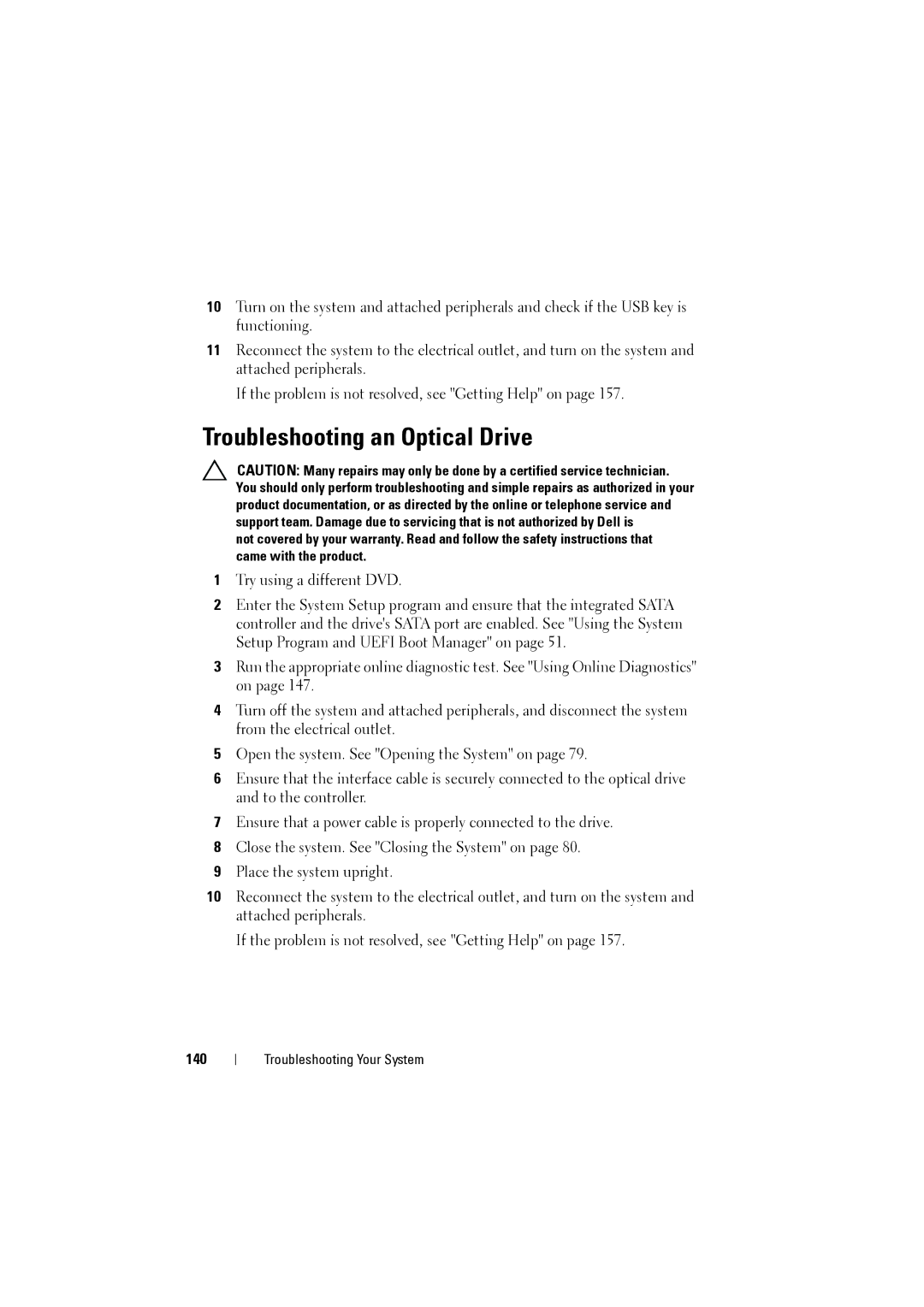 Dell NX200 owner manual Troubleshooting an Optical Drive, 140 