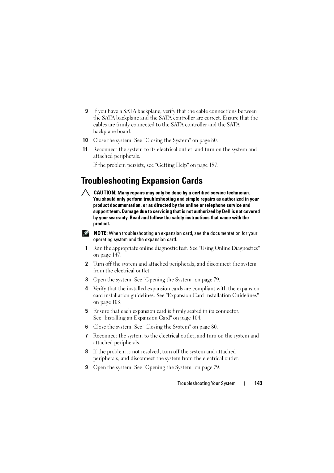 Dell NX200 owner manual Troubleshooting Expansion Cards, 143 