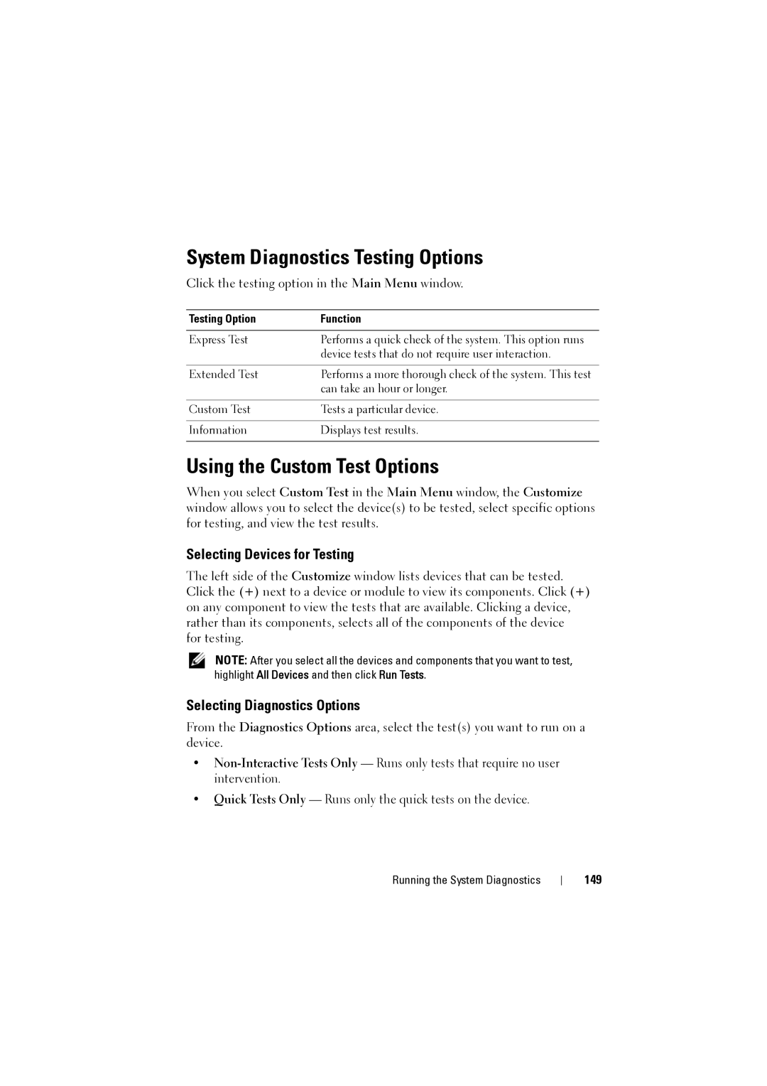 Dell NX200 System Diagnostics Testing Options, Using the Custom Test Options, Selecting Devices for Testing, 149 