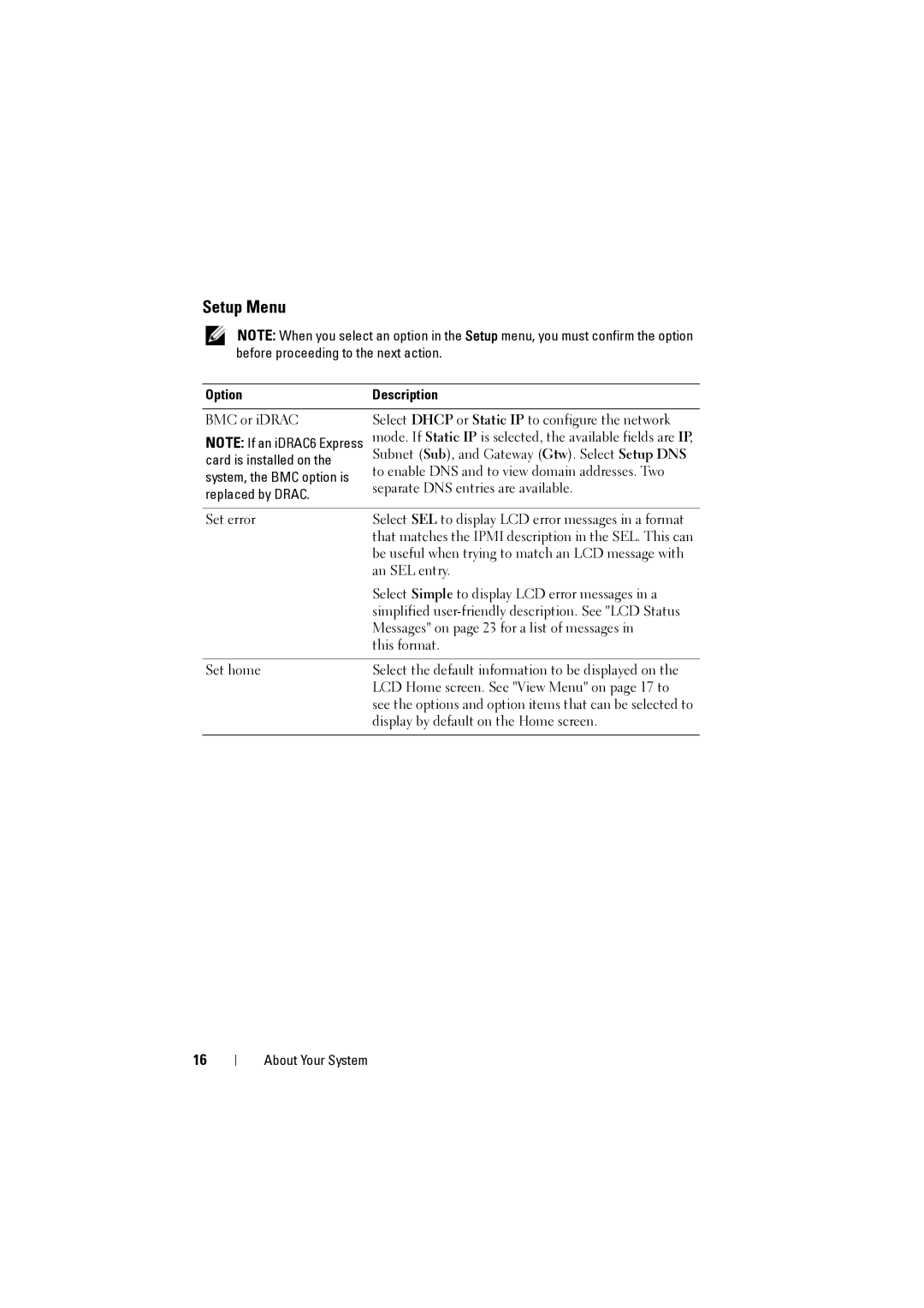 Dell NX200 owner manual Setup Menu, Option Description 