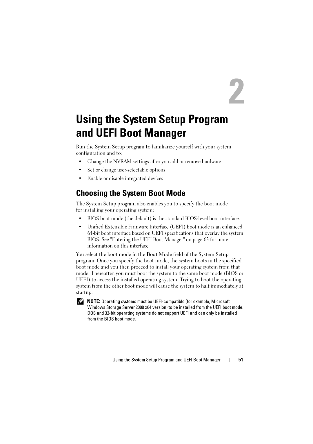 Dell NX200 owner manual Using the System Setup Program and Uefi Boot Manager, Choosing the System Boot Mode 