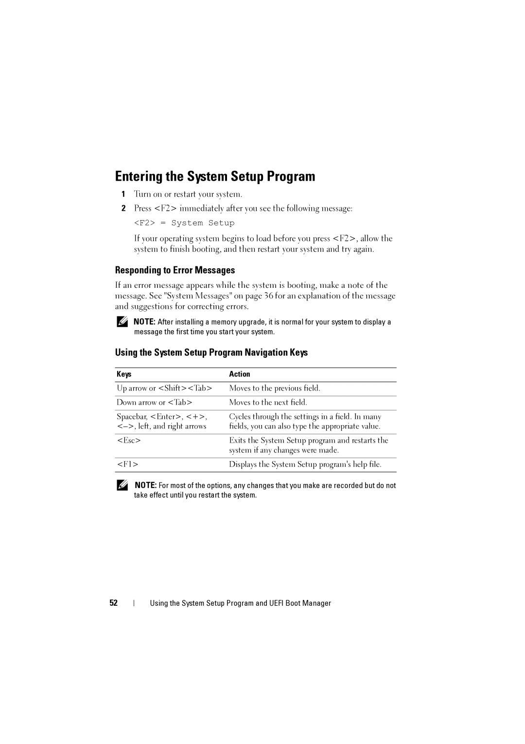 Dell NX200 Entering the System Setup Program, Responding to Error Messages, Using the System Setup Program Navigation Keys 