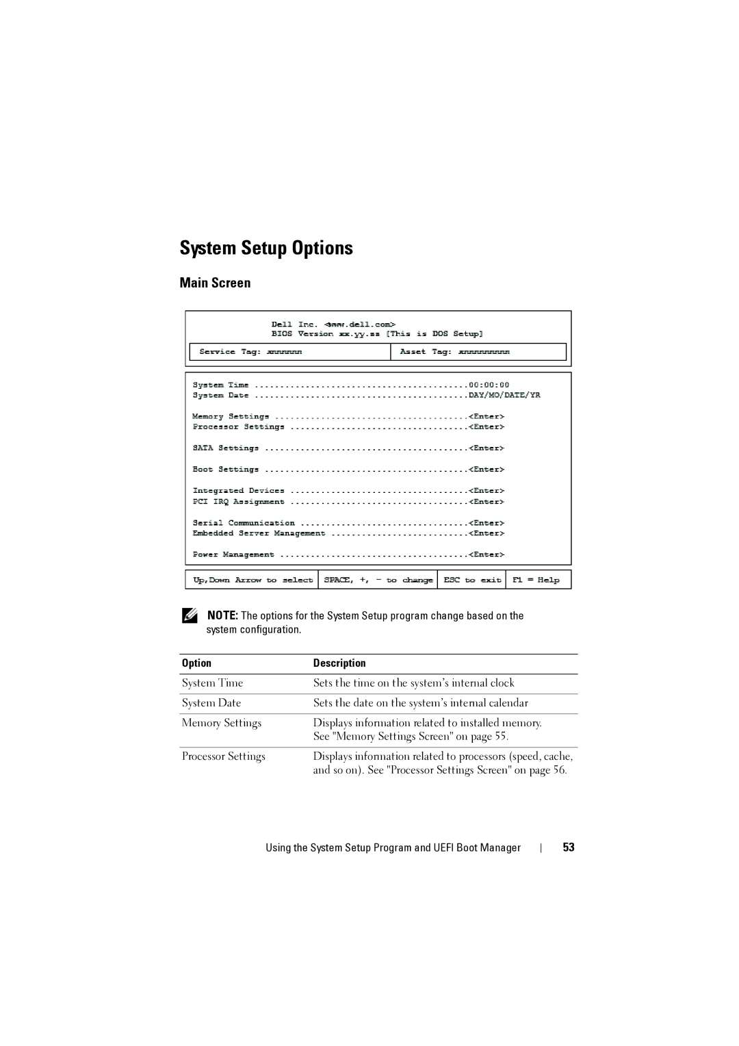 Dell NX200 owner manual System Setup Options, Main Screen 