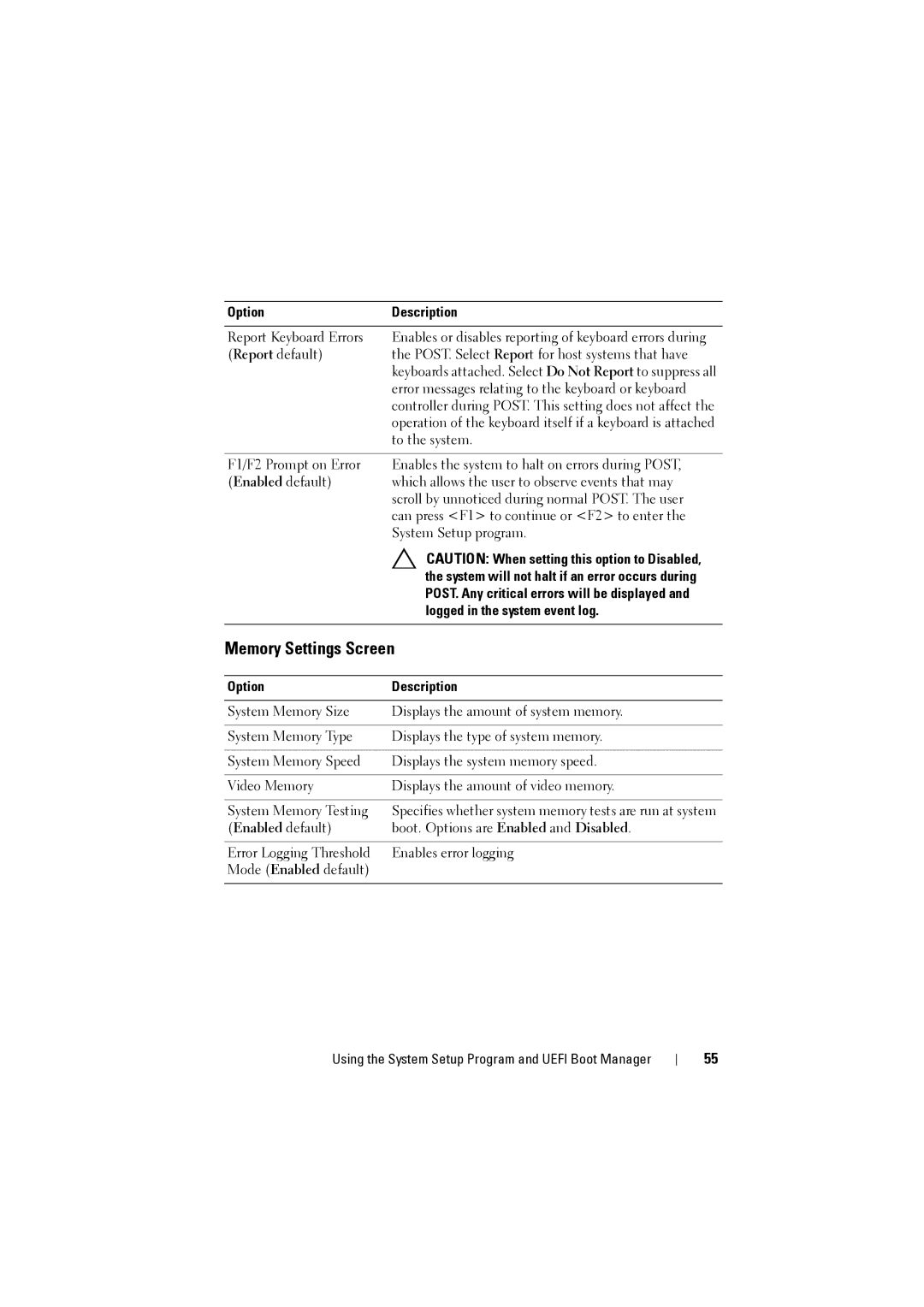 Dell NX200 owner manual Memory Settings Screen, Logged in the system event log 