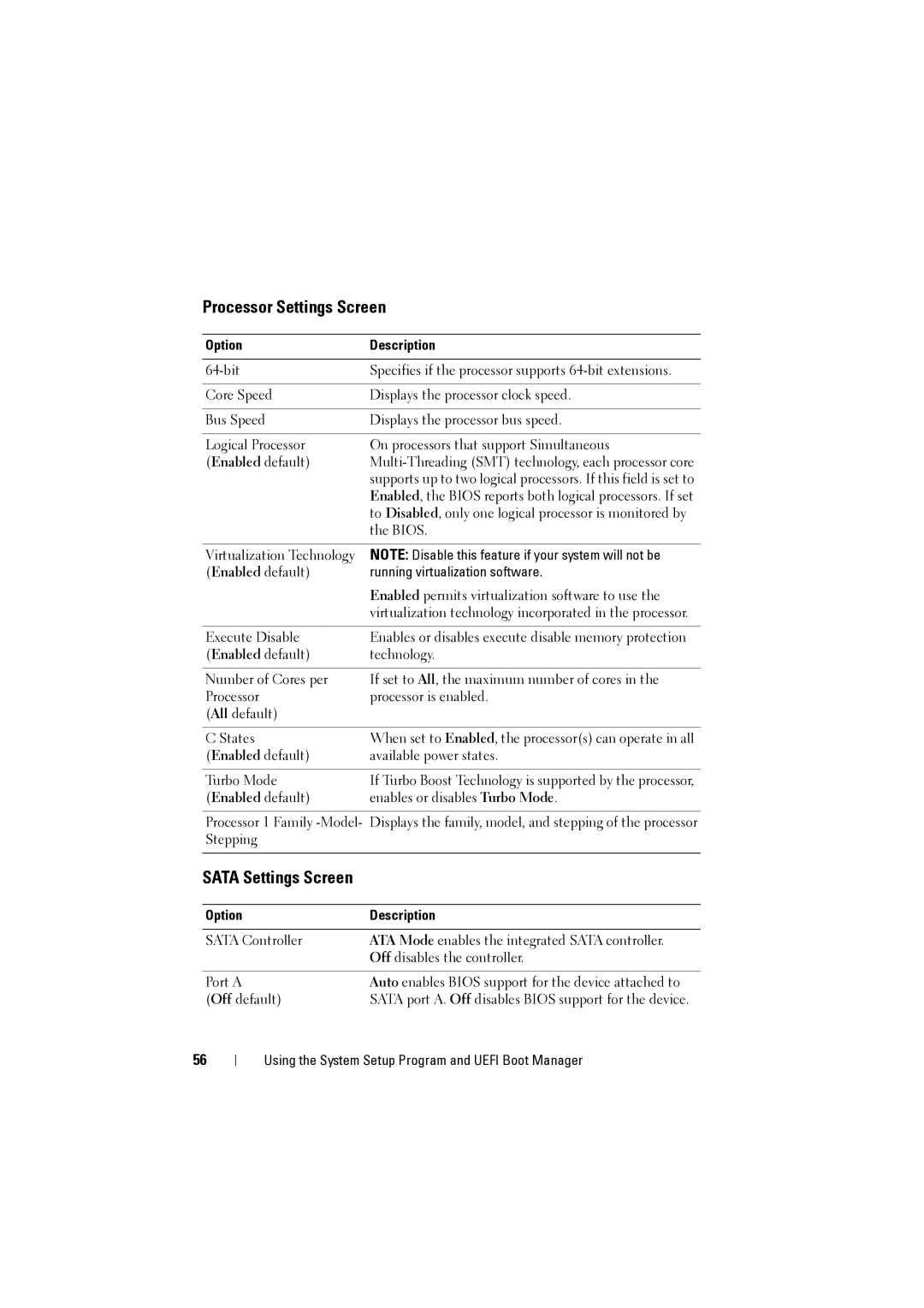 Dell NX200 owner manual Processor Settings Screen, Sata Settings Screen 