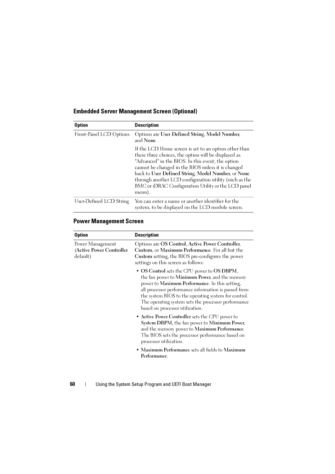 Dell NX200 owner manual Embedded Server Management Screen Optional, Power Management Screen 