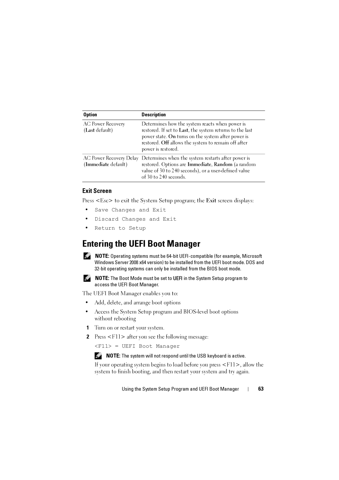 Dell NX200 owner manual Entering the Uefi Boot Manager, Exit Screen 