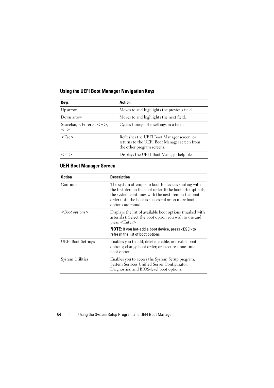 Dell NX200 owner manual Using the Uefi Boot Manager Navigation Keys, Uefi Boot Manager Screen 