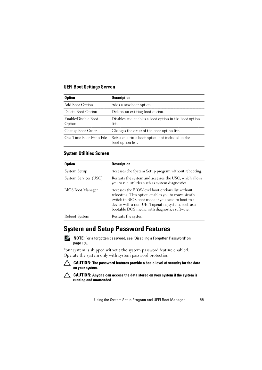 Dell NX200 owner manual System and Setup Password Features, Uefi Boot Settings Screen, System Utilities Screen 