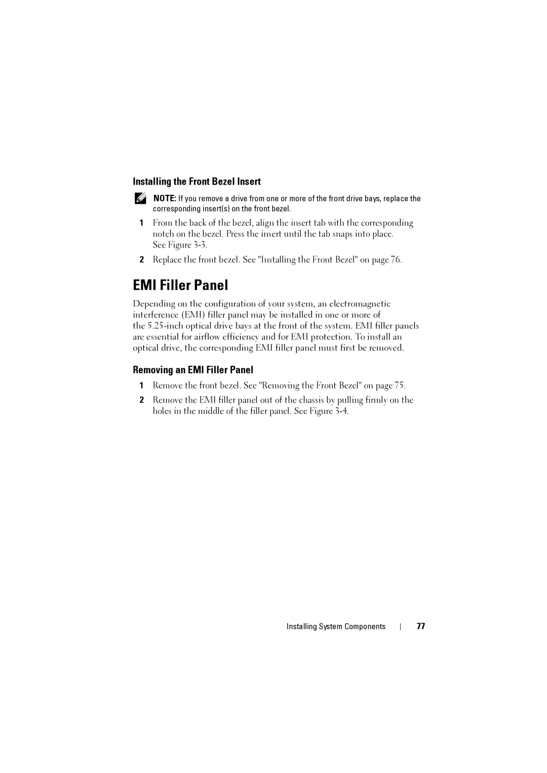 Dell NX200 owner manual Installing the Front Bezel Insert, Removing an EMI Filler Panel 