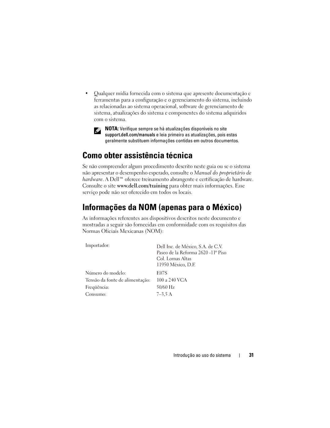 Dell NX300 manual Importador Número do modelo E07S 