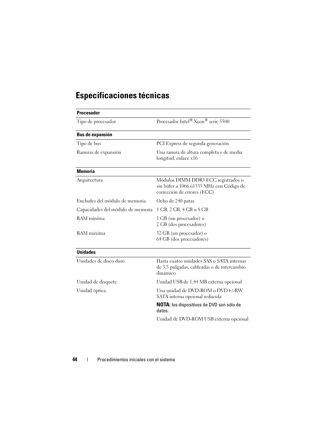 Dell NX300 manual Especificaciones técnicas 