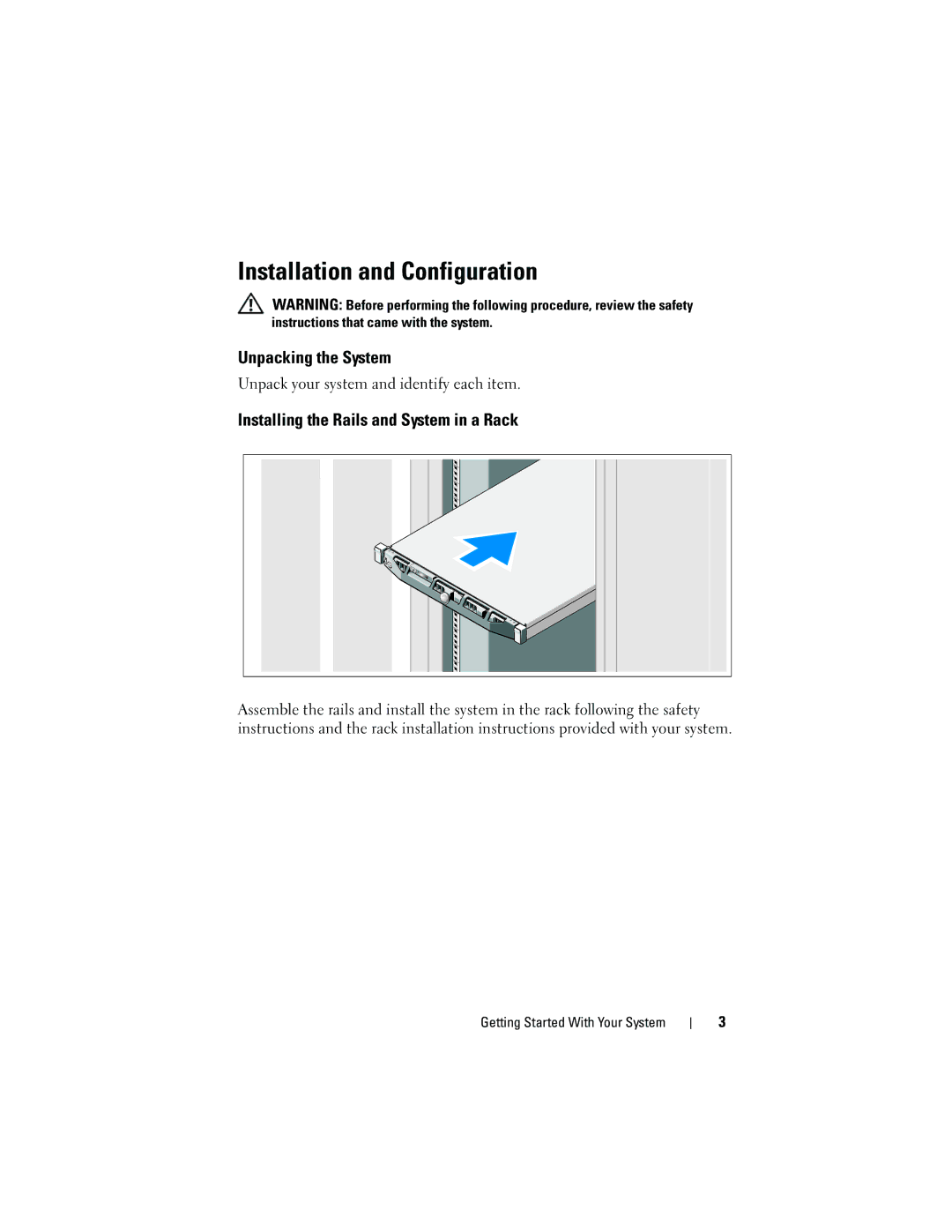 Dell NX300 manual Installation and Configuration, Unpacking the System, Installing the Rails and System in a Rack 