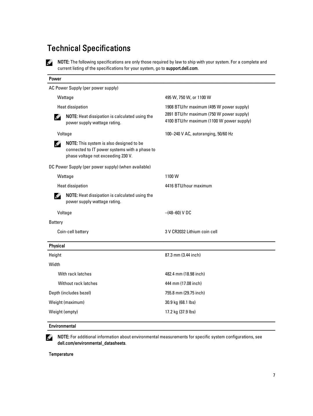 Dell NX3200 manual Technical Specifications, Power, Physical, Environmental Temperature 