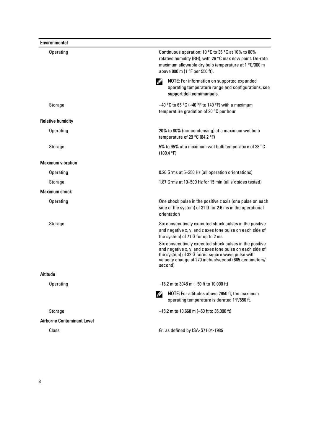 Dell NX3200 manual Environmental, Relative humidity, Maximum vibration, Maximum shock, Altitude, Airborne Contaminant Level 