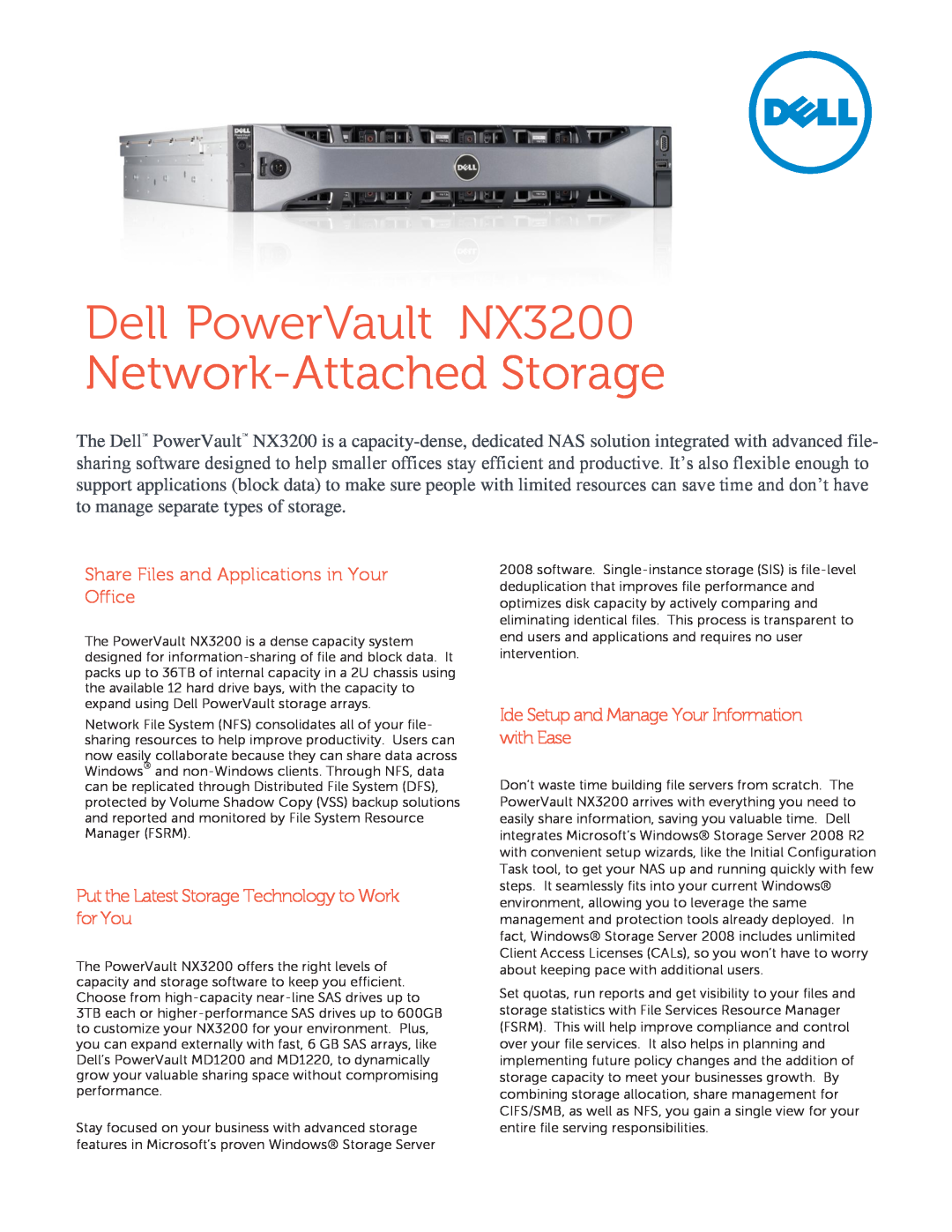 Dell manual Dell PowerVault NX3200 Network-Attached Storage, Share Files and Applications in Your Office 