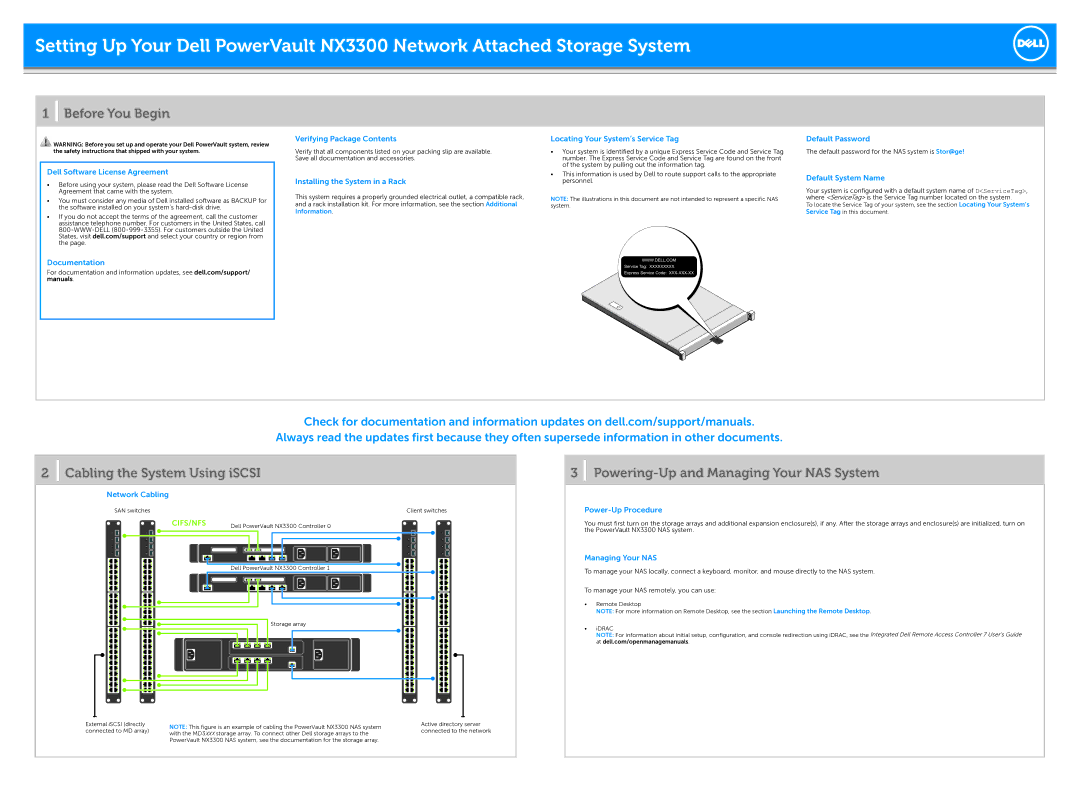 Dell NX3300 manual Before You Begin, Cabling the System Using iSCSI, Powering-Up and Managing Your NAS System 