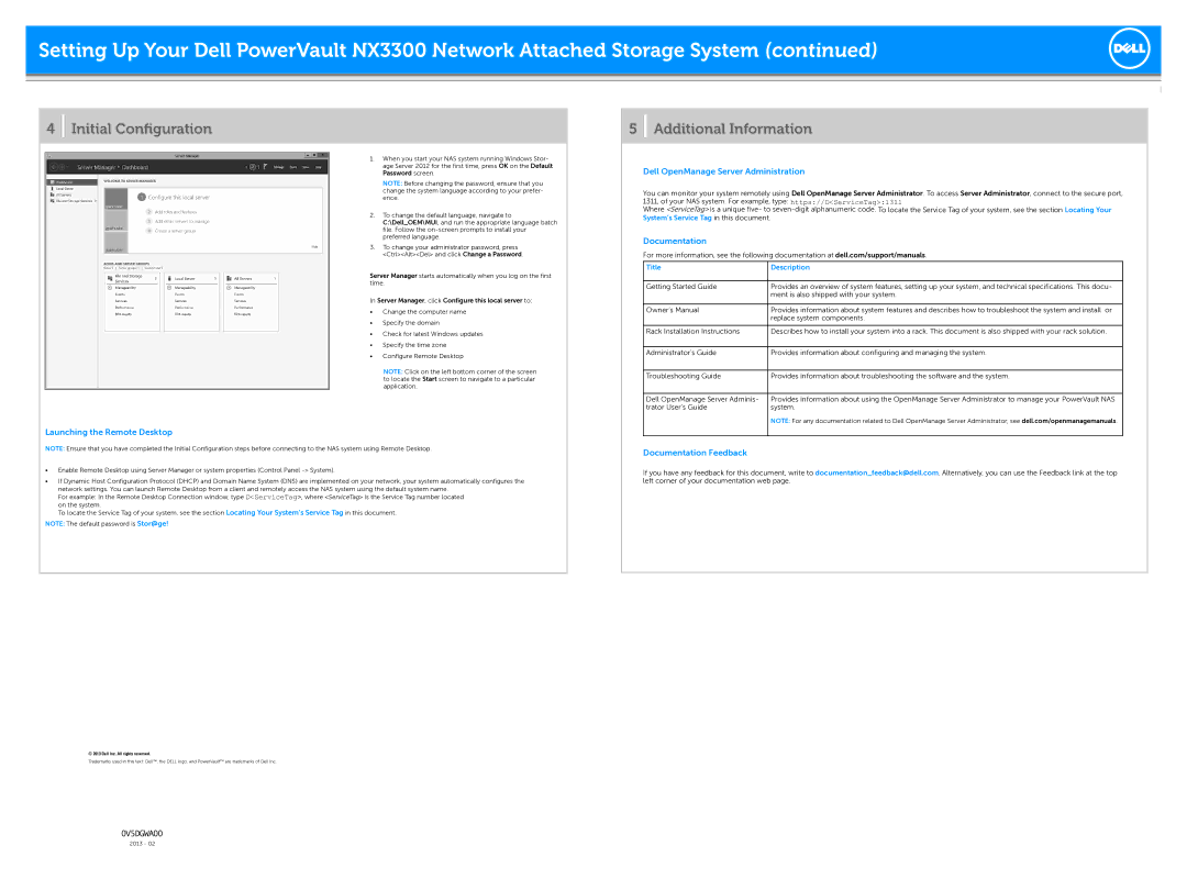 Dell NX3300 manual Initial Conﬁguration, Additional Information 