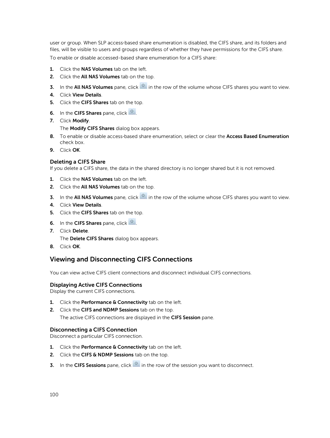 Dell NX3610, NX3500 Viewing and Disconnecting Cifs Connections, Deleting a Cifs Share, Displaying Active Cifs Connections 