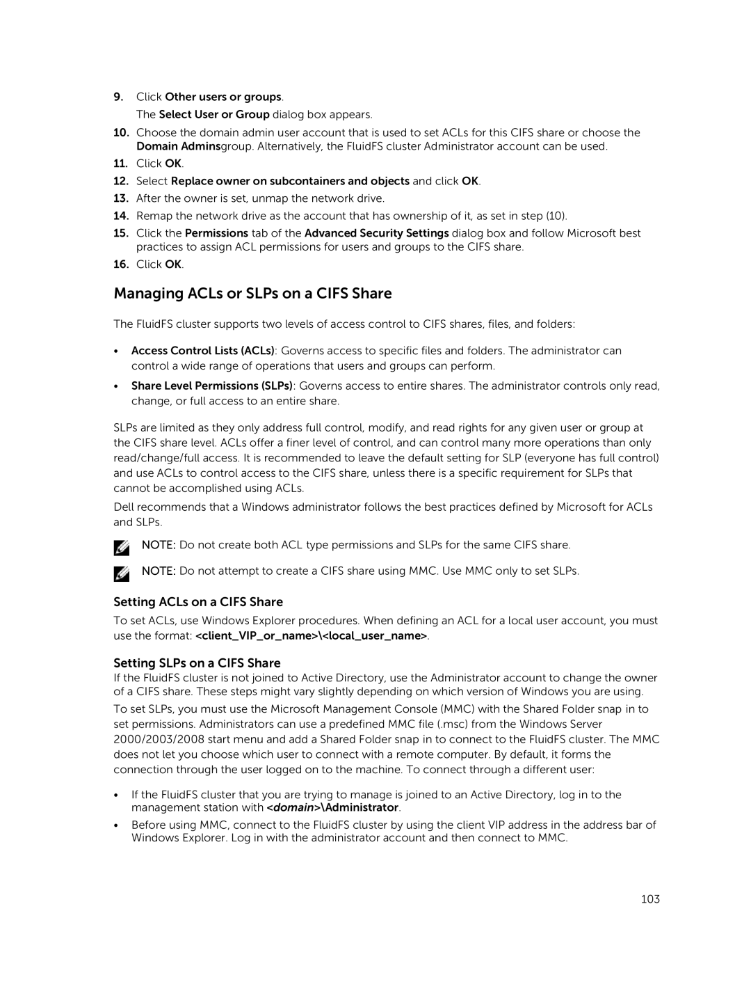 Dell NX3610, NX3500 manual Managing ACLs or SLPs on a Cifs Share, Setting ACLs on a Cifs Share, Setting SLPs on a Cifs Share 